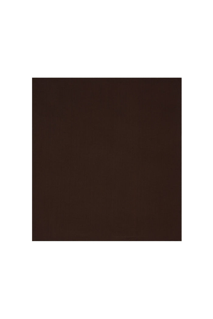 Flat lay of head scarf in espresso showing square shape and solid dark-brown rayon fabric on white background
