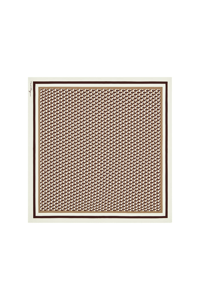 Flat lay of Monday Head Scarf in Husk Geo Silk showcasing brown and cream geometric tessellated pattern with layered brown and cream borders on white background