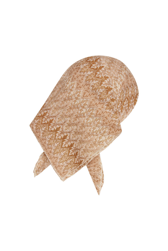 Back view of Monday Head Scarf in Porto Cervo Gold showcasing metallic gold geometric print and tied square shape on white background