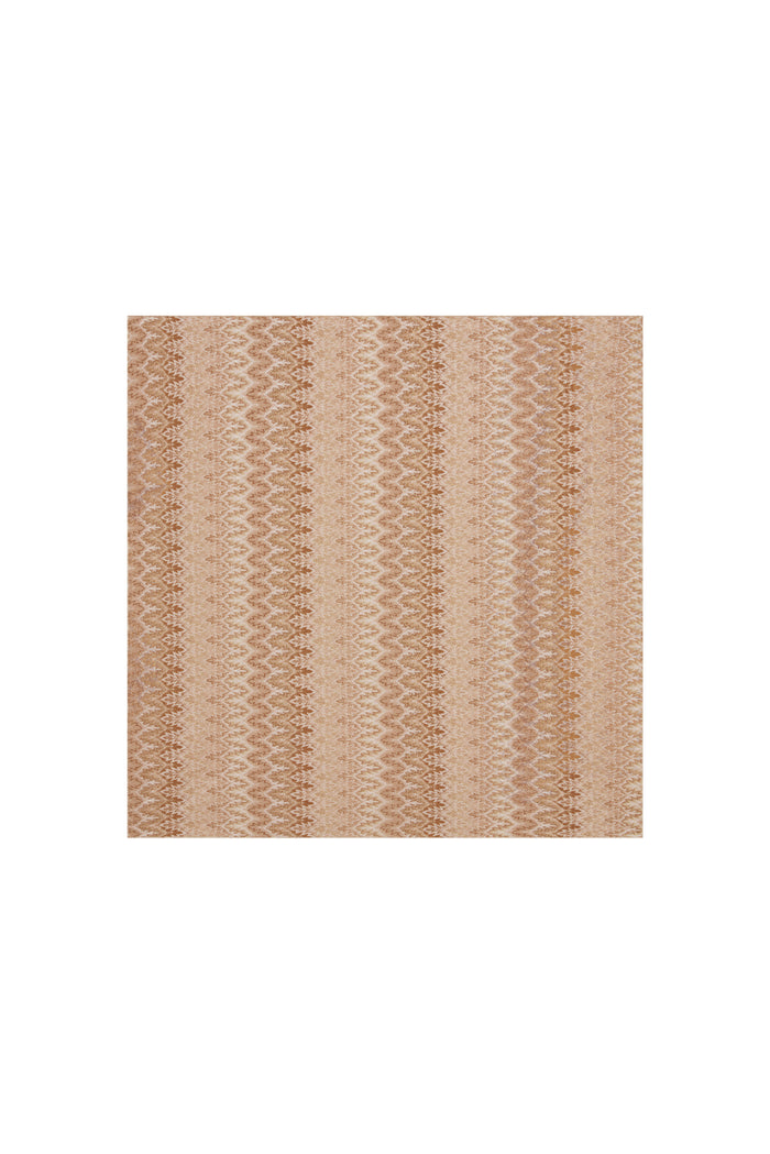 Flat lay of Monday Head Scarf Porto Cervo Gold square scarf showing tan and gold zigzag pattern with subtle metallic sheen