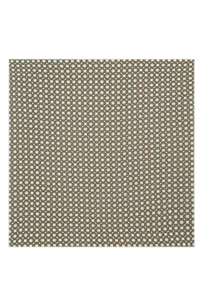 Flat lay of Monday Head Scarf Tile Geo Silk showing repeating tile geometric pattern in cream, brown and pale blue