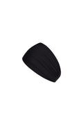 Angled close-up of Monday Headband - Black showcasing wide swim-fabric silhouette on white background