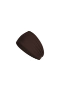 Angled close-up of Monday Headband in Espresso showcasing wide swim fabric silhouette with white background