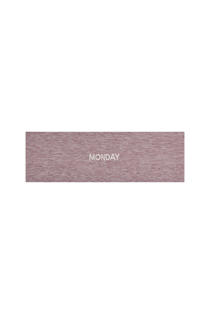 Heathered mauve fabric headband with white embroidered text MONDAY centered