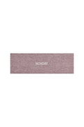 Heathered mauve fabric headband with white embroidered text MONDAY centered