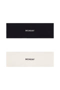 Flat lay of Monday Headband set (black and ivory) showing centered embroidered MONDAY on each headband on white background