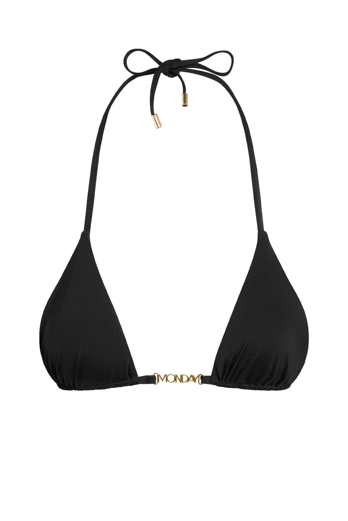 Black triangle halter bikini top with tied neck straps and gold clasp reading MONDAY