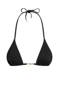 Black triangle halter bikini top with tied neck straps and gold clasp reading MONDAY
