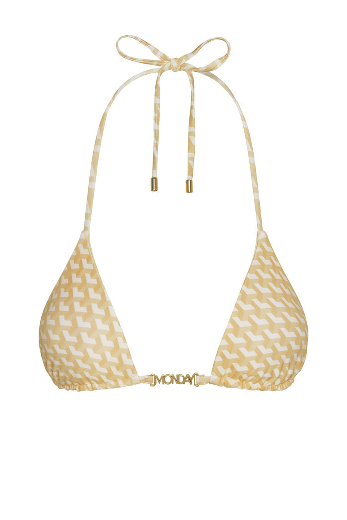 Front view of Monday Top in Ivory Geo showcasing triangle cups, halter tie with gold MONDAY logo clasp on white background