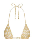 Front view of Monday Top in Ivory Geo showcasing triangle cups, halter tie with gold MONDAY logo clasp on white background