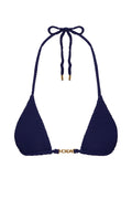 Flat-lay of Monday Top bikini in Midnight Crinkle showing triangle cups, halter ties, and gold MONDAY logo on white