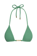 Front view of Monday Top triangle bikini in Pond crinkle with gold MONDAY center hardware and halter ties on white
