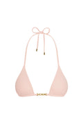 Front of Monday Top, Powder Pink Rib, showing ribbed triangle cups, halter tie with gold metal tips and MONDAY gold hardware on white background