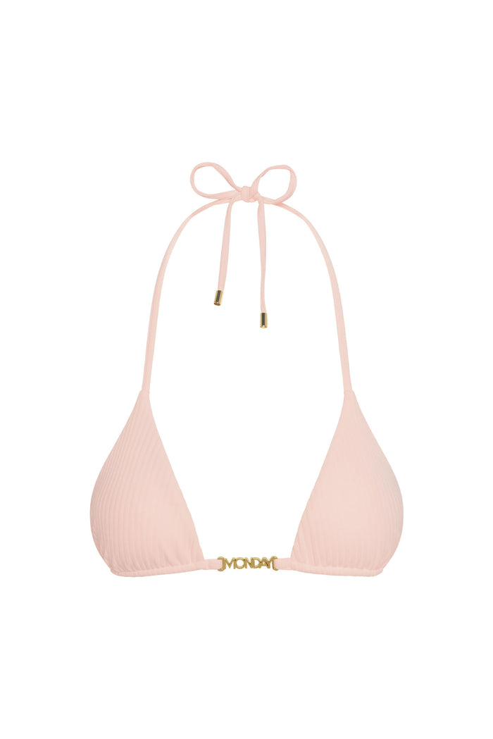 Front of Monday Top, Powder Pink Rib, showing ribbed triangle cups, halter tie with gold metal tips and MONDAY gold hardware on white background