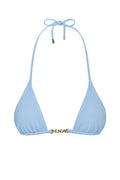 Front view of Monday Top in Sky Rib blue, ribbed triangle cups with gold MONDAY center hardware and halter ties on white