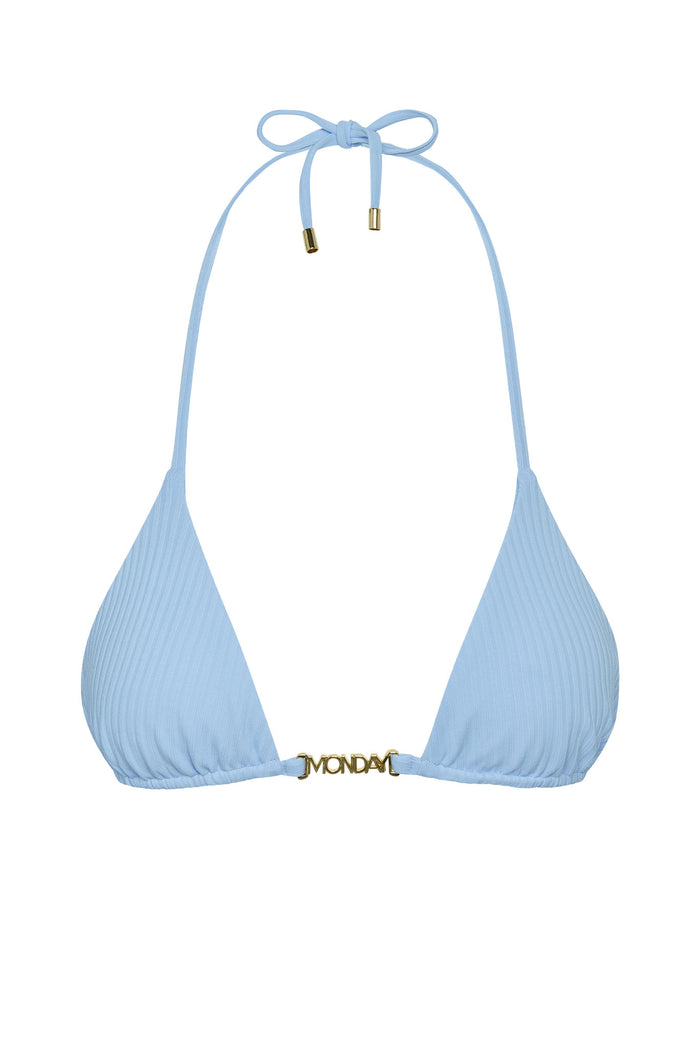Front view of Monday Top in Sky Rib blue, ribbed triangle cups with gold MONDAY center hardware and halter ties on white