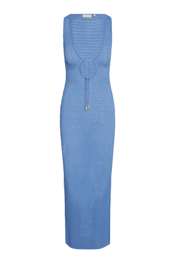 Light blue crochet sleeveless midi bodycon dress with scoop neck and front drawstring tie, label reading 'MONDAY'.