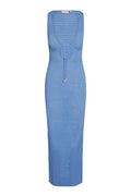 Light blue crochet sleeveless midi bodycon dress with scoop neck and front drawstring tie, label reading 'MONDAY'.