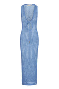Front view of Monte Carlo Tie Dress in azure crochet, deep V neckline with adjustable tie, semi-sheer open knit