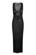 Front view of Monte Carlo Tie Dress in black lace crochet showcasing scoop neckline, tie-front keyhole and sheer maxi silhouette on white background