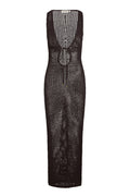 Front view of Monte Carlo Tie Dress in espresso showing open-knit crochet, sleeveless deep V neckline and front tie on white background