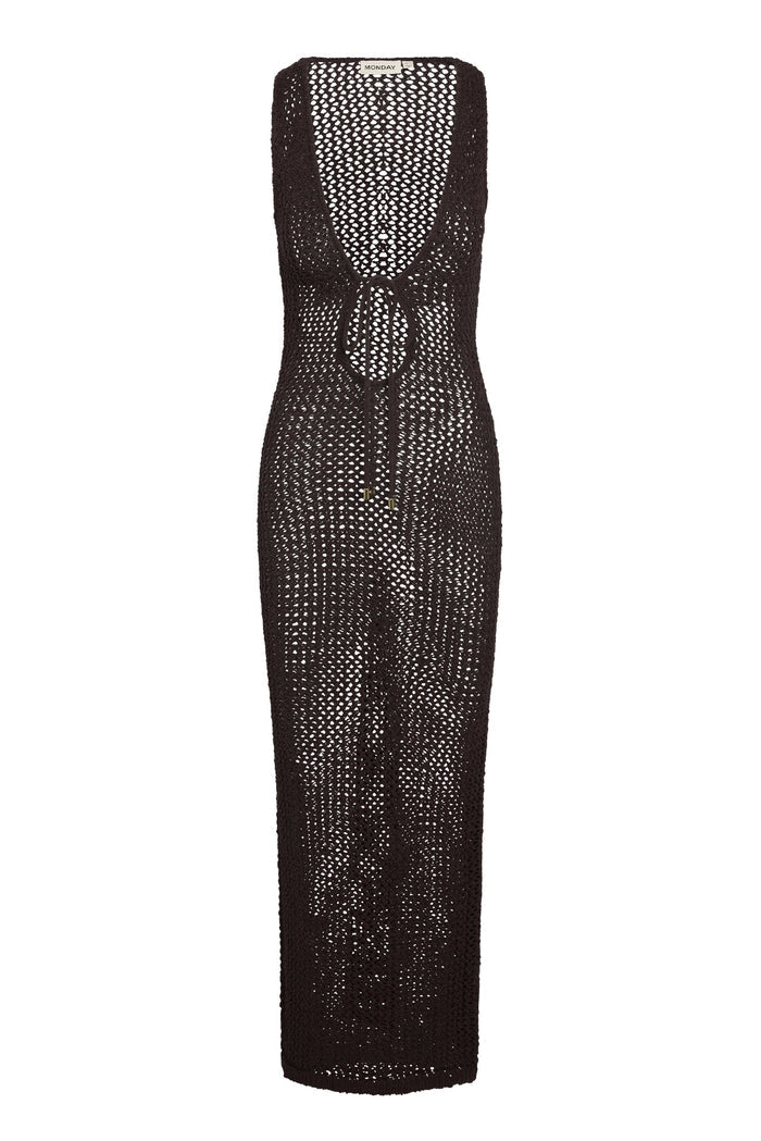 Front view of Monte Carlo Tie Dress in espresso showing open-knit crochet, sleeveless deep V neckline and front tie on white background