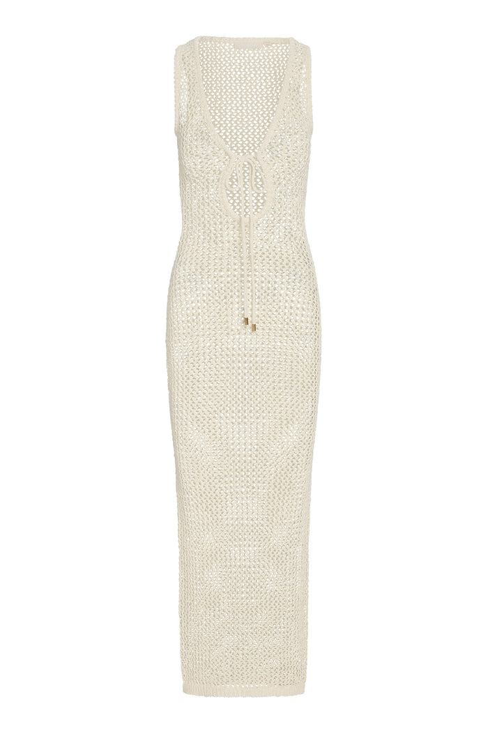 Front view of Monte Carlo Tie Dress in Ivory Petit Crochet showing sleeveless V-neck, front tie and open crochet knit on white background