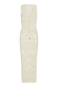 Front view of Monte Carlo Tie Dress in Ivory Petit Crochet showing sleeveless V-neck, front tie and open crochet knit on white background