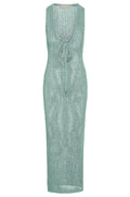 Front view of Monte Carlo Tie Dress in light slate crochet showing plunging V neckline with tie and open knit on white