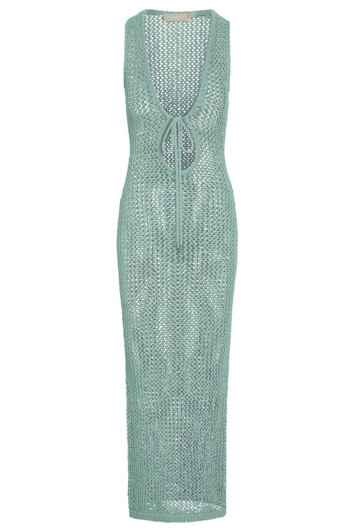 Front view of Monte Carlo Tie Dress in light slate crochet showing plunging V neckline with tie and open knit on white