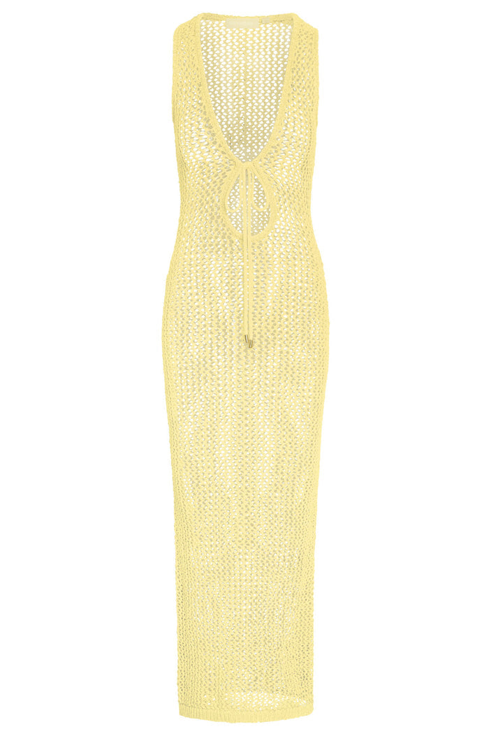 Front view of Monte Carlo Tie Dress - Meyer Petit Crochet with plunging V-neck and adjustable tie on white background