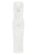 Front view of Monte Carlo Tie Dress in white petit crochet showcasing plunging V-neck with adjustable tie and open crochet knit on white background
