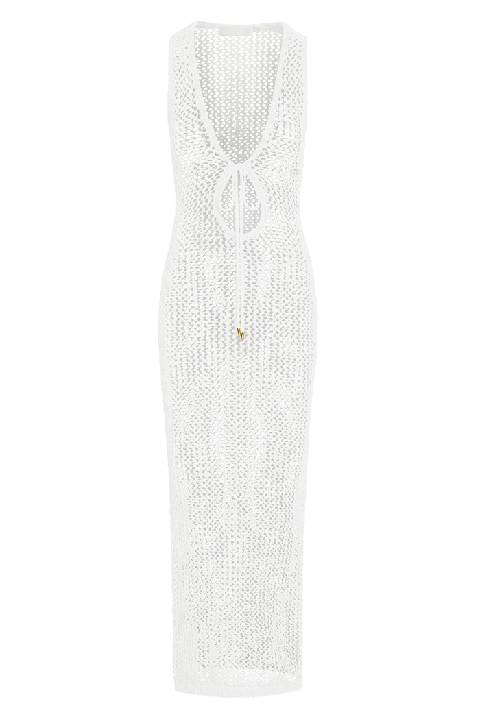 Front view of Monte Carlo Tie Dress in white petit crochet showcasing plunging V-neck with adjustable tie and open crochet knit on white background