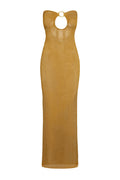 Front of Montego Bandeau Dress in antique gold crochet, strapless with gold ring, fitted maxi on white background