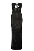 Black crochet strapless maxi dress with halter-style gold ring at neckline