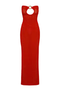 Front view of Montego Bandeau Dress in Chili Pepper lace crochet, strapless with circular gold front ring on white background