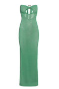 Front view of Montego Bandeau Dress showcasing strapless green crochet and circular keyhole with gold ring on white background