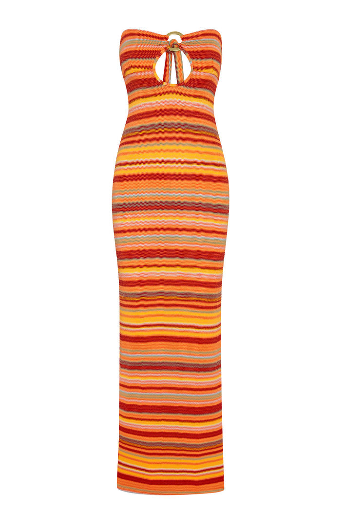 Front of Montego Bandeau Dress in Sardinia Stripe, strapless with front keyhole ring and fitted maxi knit on white background