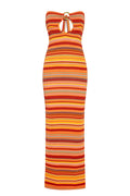 Front of Montego Bandeau Dress in Sardinia Stripe, strapless with front keyhole ring and fitted maxi knit on white background