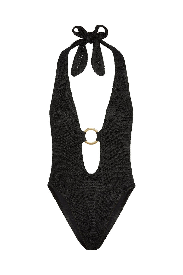 Front view of Montego Bodysuit black treble knit with deep halter, adjustable ties and center gold ring