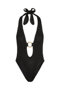Front view of Montego Bodysuit black treble knit with deep halter, adjustable ties and center gold ring
