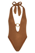 Front view of Montego bodysuit in caramel treble knit showcasing plunging halter neckline and center gold ring on white background