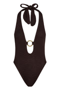 Front of Montego Bodysuit in Espresso treble knit with plunging halter, tied neck straps, and gold ring on white