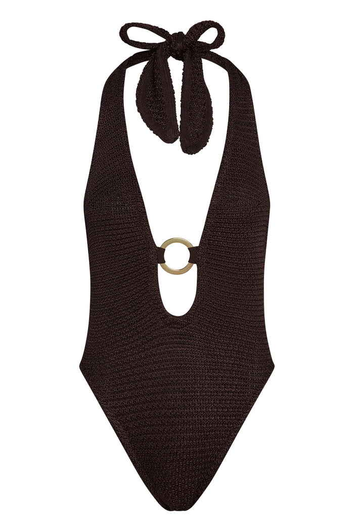 Front of Montego Bodysuit in Espresso treble knit with plunging halter, tied neck straps, and gold ring on white