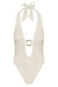 Front view of Montego Bodysuit in ivory showing halter tie, deep V with gold O-ring and treble knit on white background