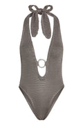 Front view of Montego Bodysuit in Steel Treble Knit showing plunging halter neckline with adjustable tie and center-front gold ring on white background