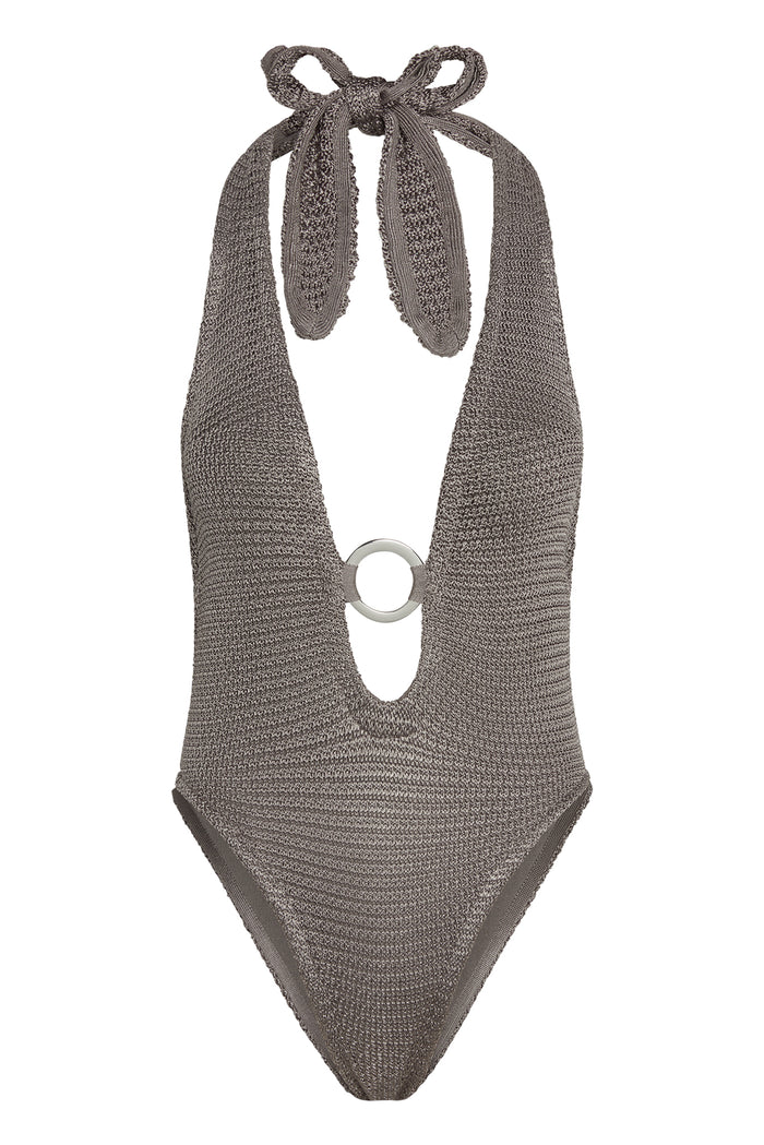 Front view of Montego Bodysuit in Steel Treble Knit showing plunging halter neckline with adjustable tie and center-front gold ring on white background