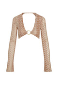 Front view of Montego Crop Top in Porto Cervo Gold showing deep V neckline, gold O-ring and long fitted sleeves