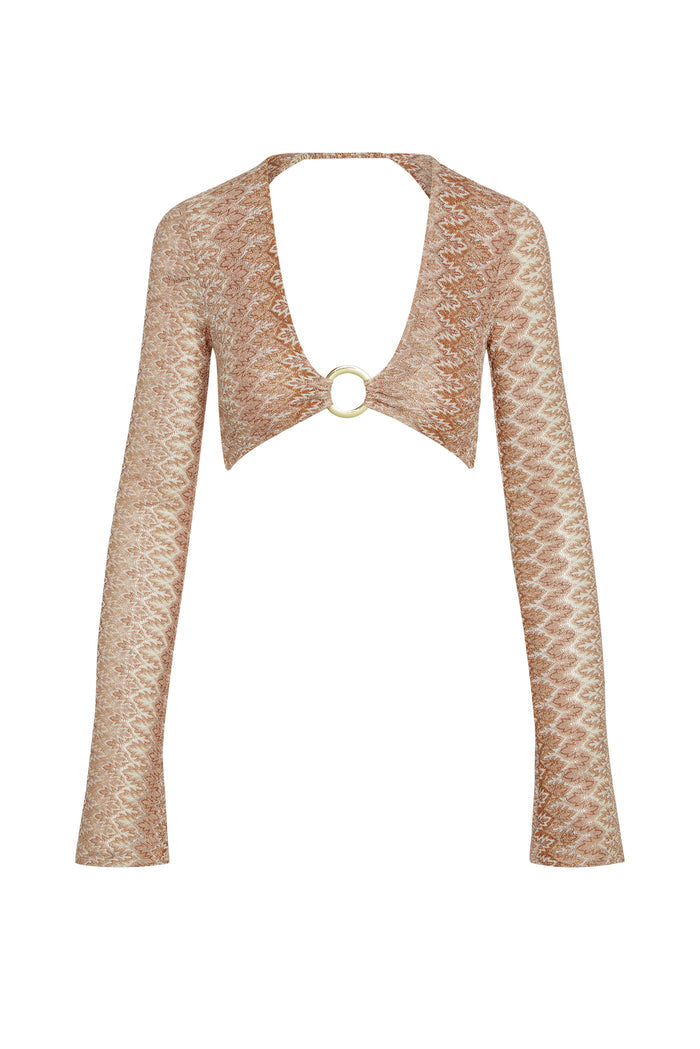 Front view of Montego Crop Top in Porto Cervo Gold showing deep V neckline, gold O-ring and long fitted sleeves