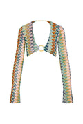 Front flat lay of Montego Crop Top showcasing deep V neckline with gold ring and multicolor zigzag knit on white background